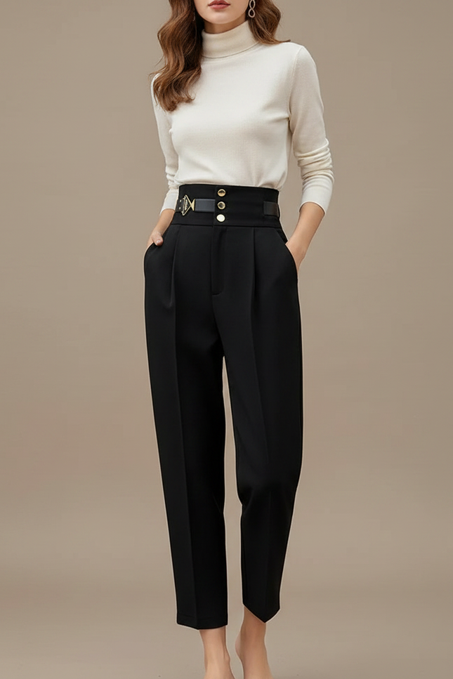 Pantalon À Pince Noir Taille Haute Ample Décontracté Femme - Gabardine