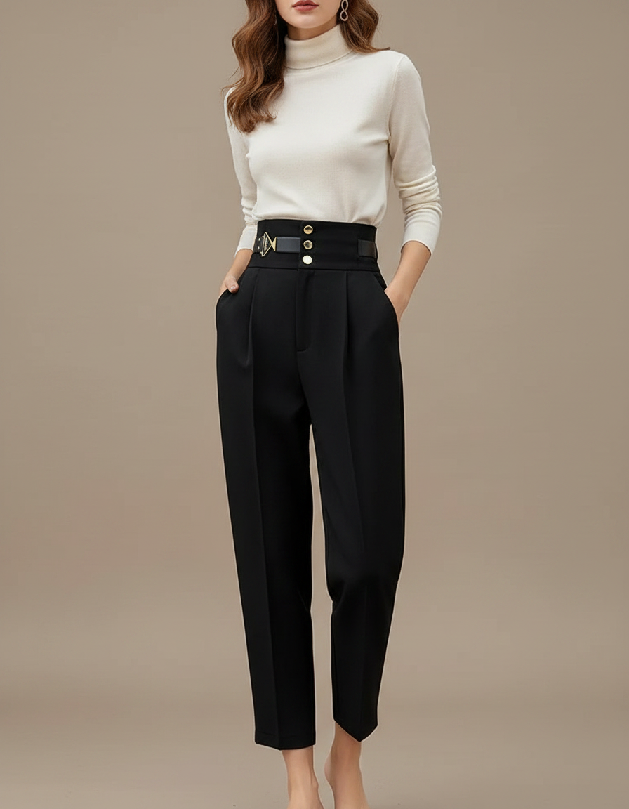 Pantalon À Pince Noir Taille Haute Ample Décontracté Femme - Gabardine