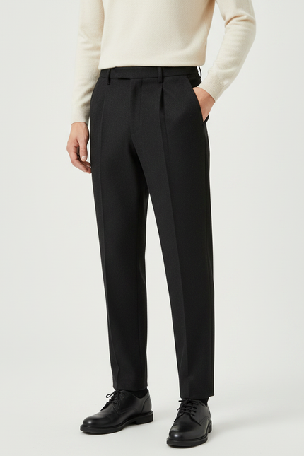 Pantalon À Pince Noir Laine Cachemire Plissé Homme Formel