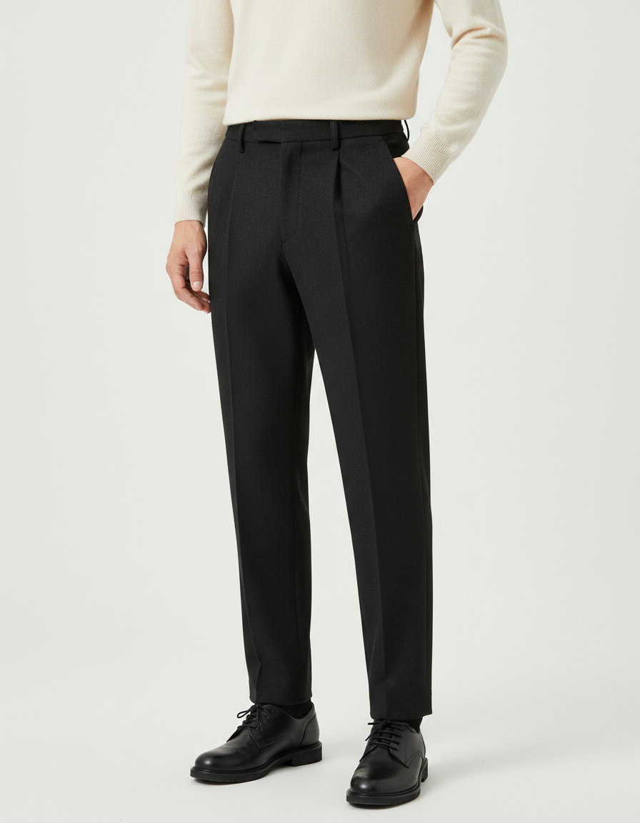 Pantalon À Pince Noir Laine Cachemire Plissé Homme Formel