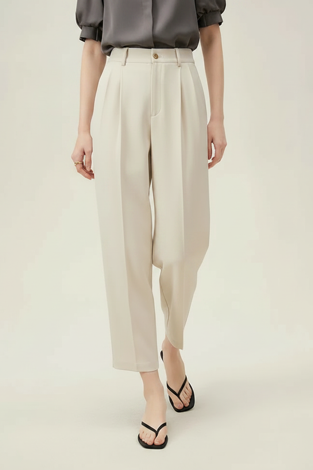 Pantalon À Pince Beige Plissé Tapered Décontracté Femme - Polyester