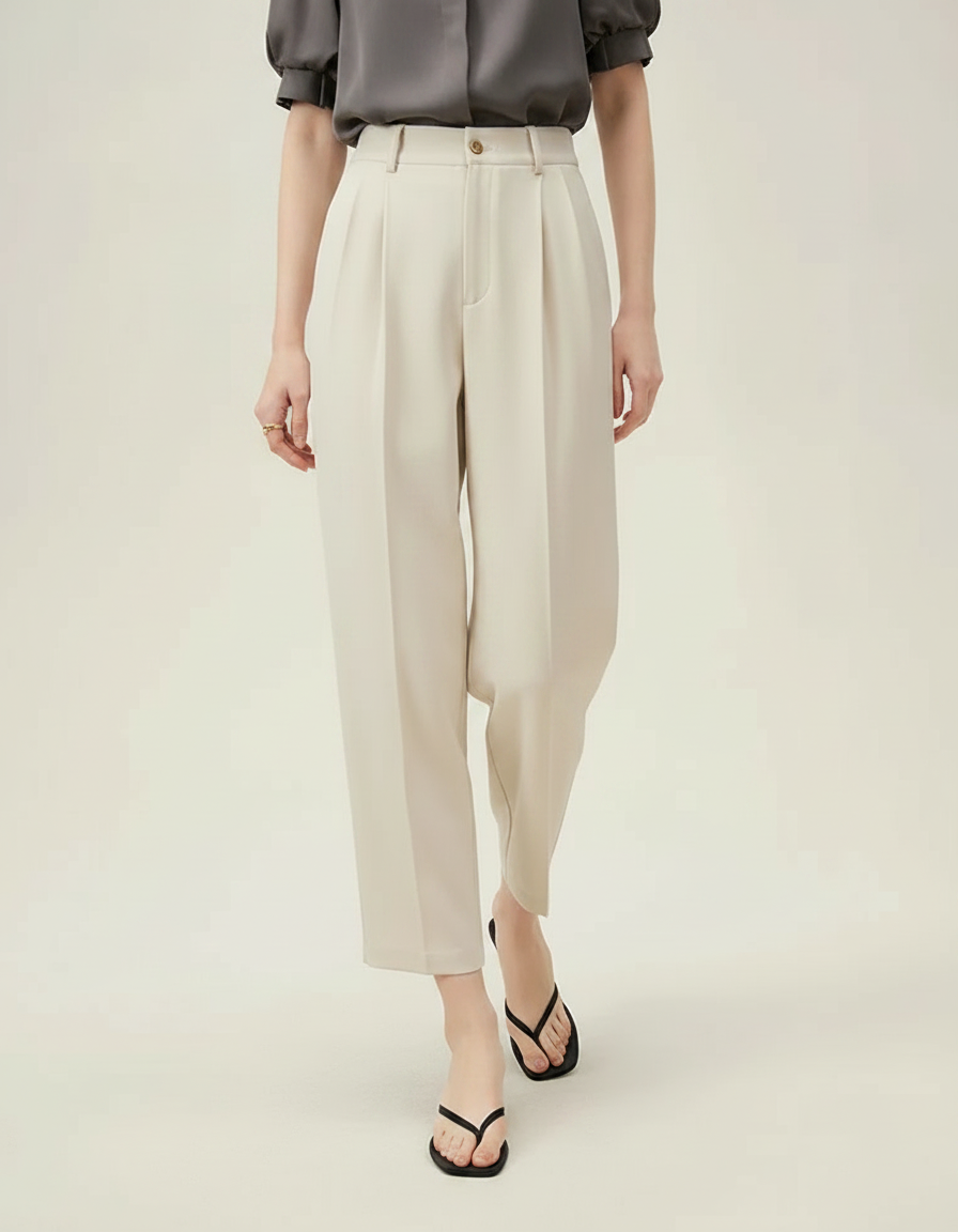 Pantalon À Pince Beige Plissé Tapered Décontracté Femme - Polyester