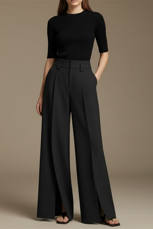 Pantalon À Pince Noir Plissé Ample Fendu Élégant - Polyester