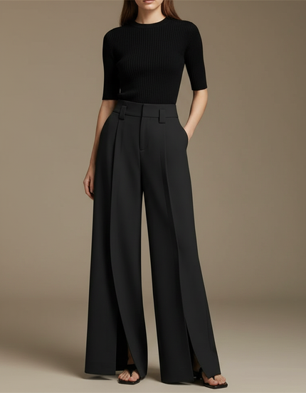 Pantalon À Pince Noir Plissé Ample Fendu Élégant - Polyester