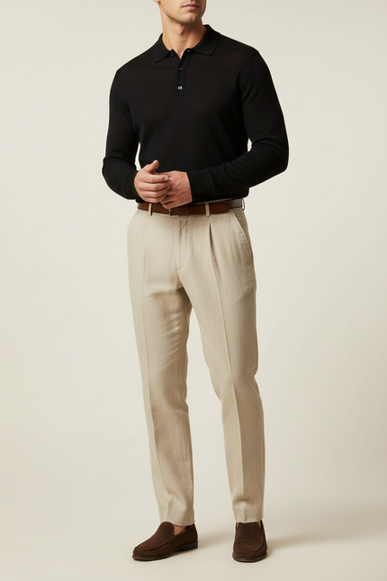 Pantalon À Pince Beige Plissé Droit Élégant Lin