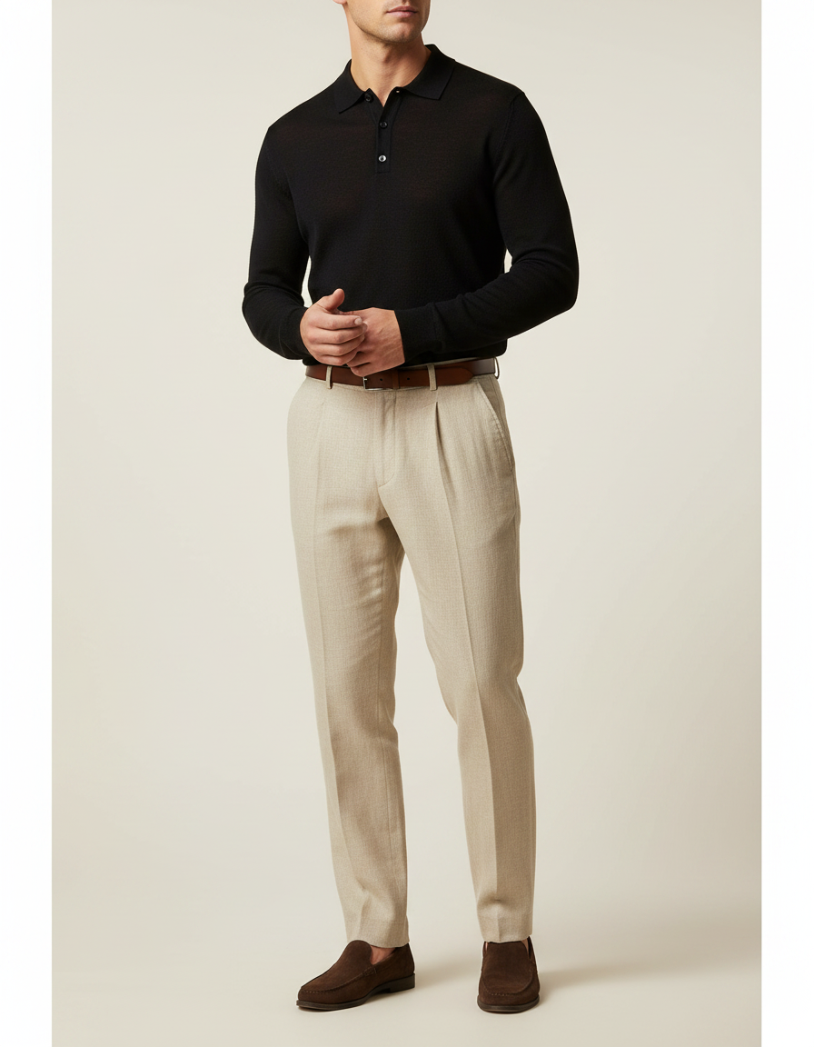 Pantalon À Pince Beige Plissé Droit Élégant Lin