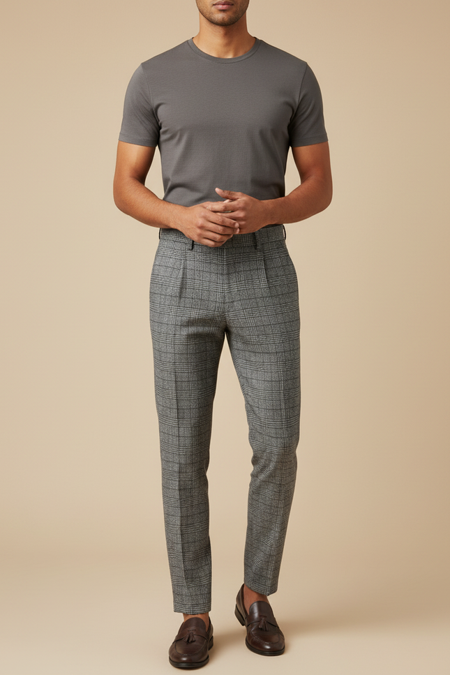 Pantalon À Pince Carreaux Gris Plissé Élégant Homme - Laine