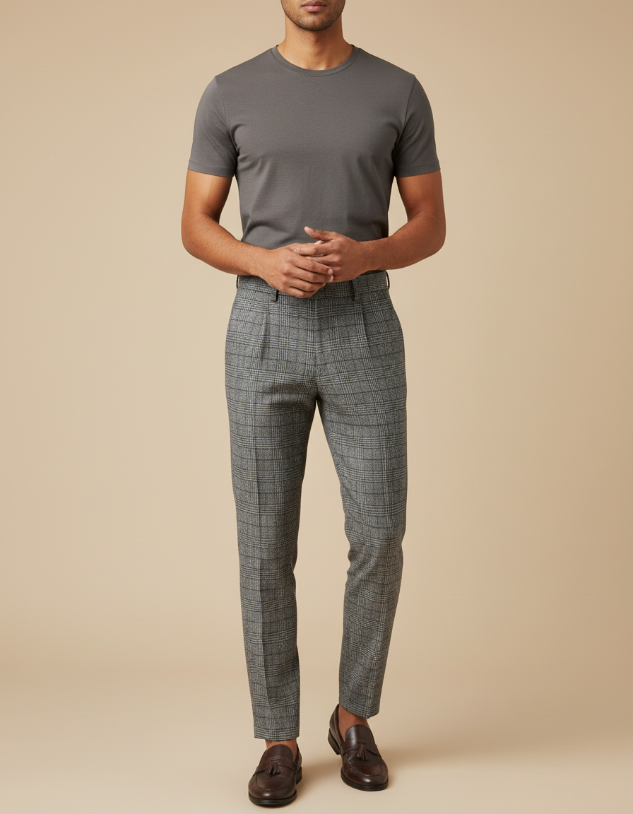 Pantalon À Pince Carreaux Gris Plissé Élégant Homme - Laine