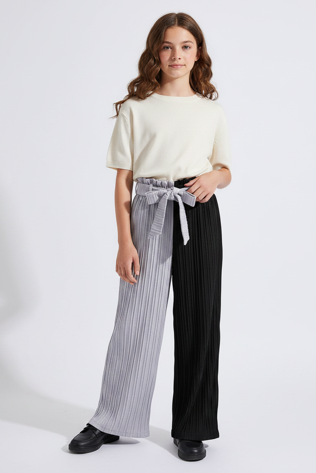Pantalon À Pince Bicolore Plissé Ample Fille - Multicolore Polyester