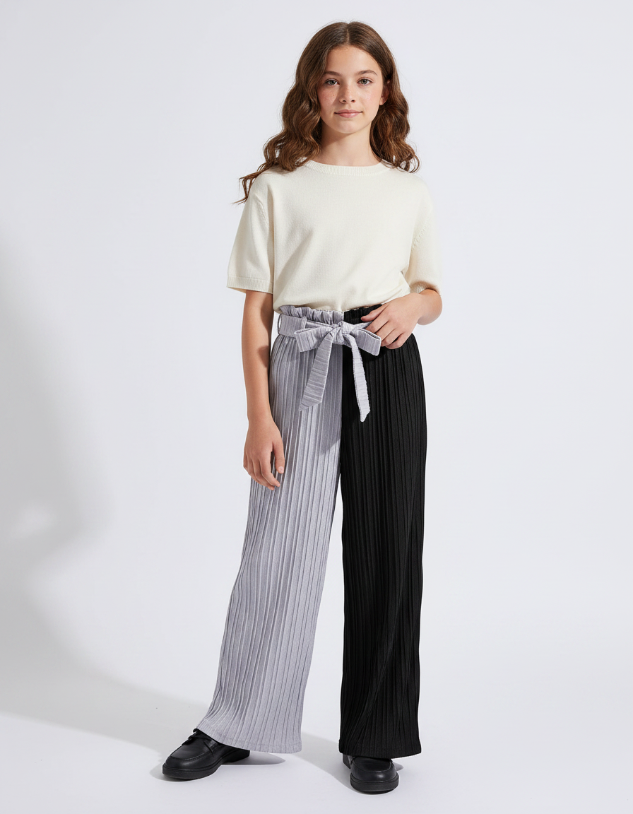 Pantalon À Pince Bicolore Plissé Ample Fille - Multicolore Polyester