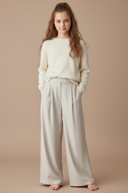 Pantalon À Pince Crème Fluide Ample Décontracté Fille - Beige Viscose