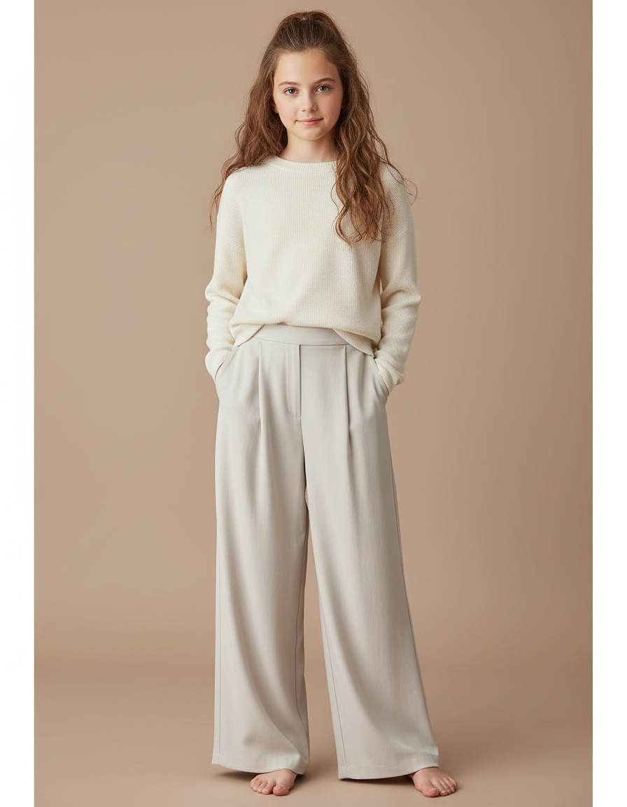 Pantalon À Pince Crème Fluide Ample Décontracté Fille - Beige Viscose
