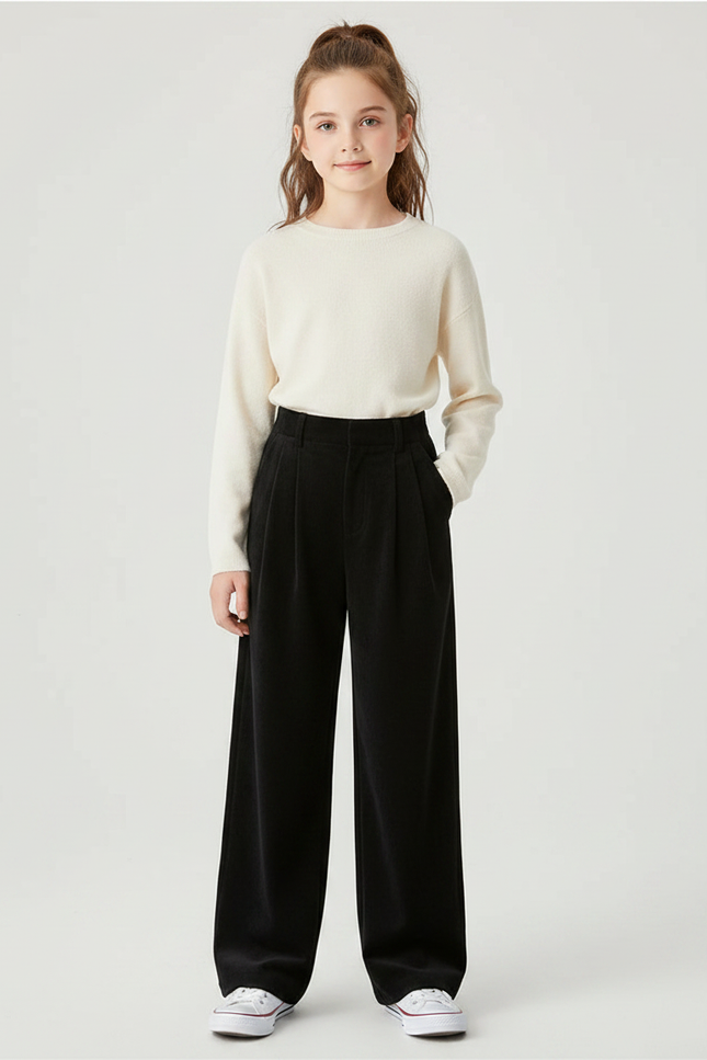 Pantalon À Pince Noir Côtelé Ample Droit Fille - Cordé