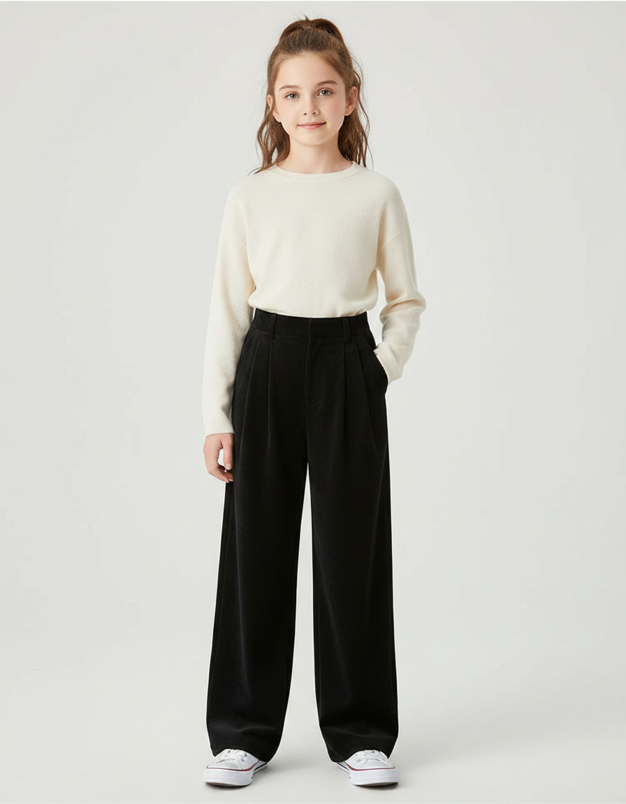 Pantalon À Pince Noir Côtelé Ample Droit Fille - Cordé