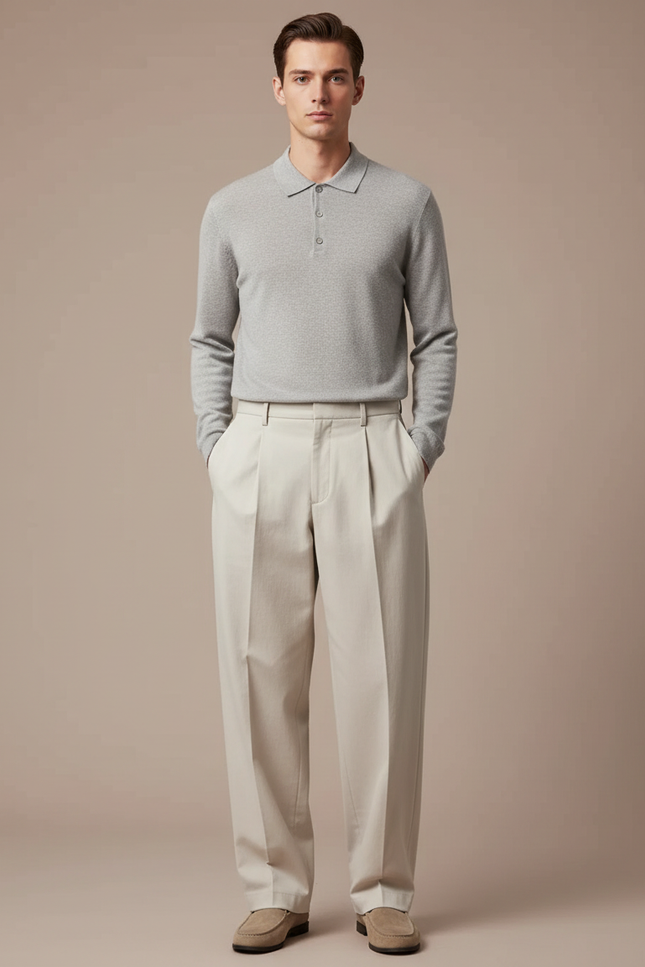 Pantalon À Pince Beige Ample Plissé Décontracté Homme - Gabardine