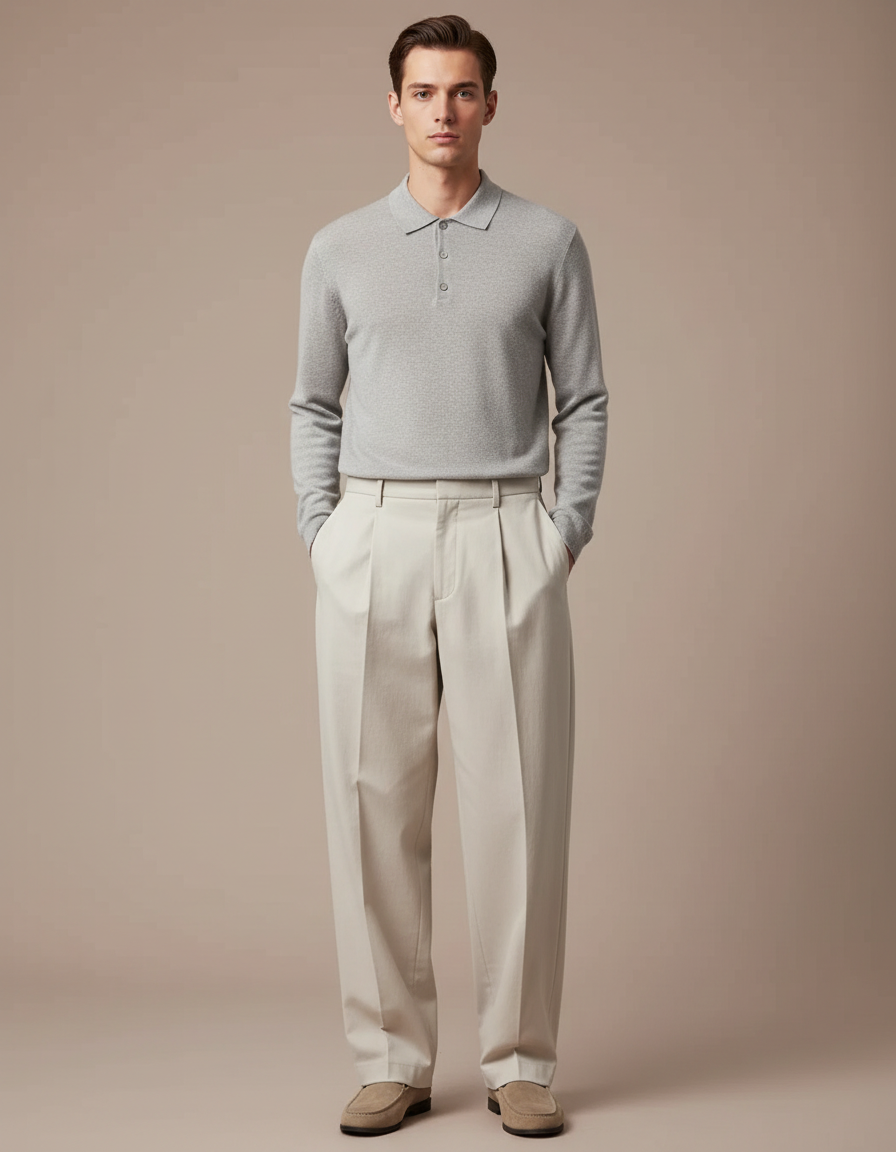 Pantalon À Pince Beige Ample Plissé Décontracté Homme - Gabardine