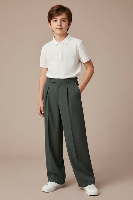 Pantalon À Pince Droit Plissé Vert Garçon Élégant - Polyester