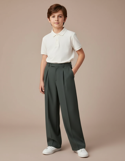 Pantalon À Pince Droit Plissé Vert Garçon Élégant - Polyester