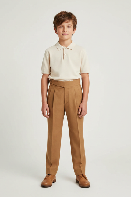 Pantalon À Pince Marron Droit Plissé Enfant Laine