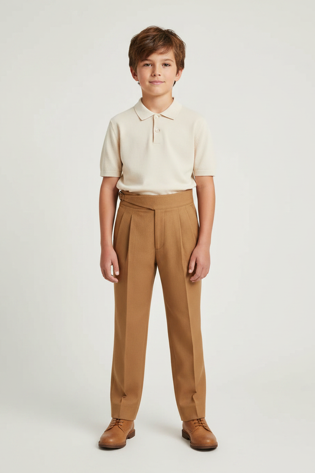 Pantalon À Pince Marron Droit Plissé Enfant Laine