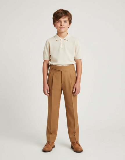 Pantalon À Pince Marron Droit Plissé Enfant Laine
