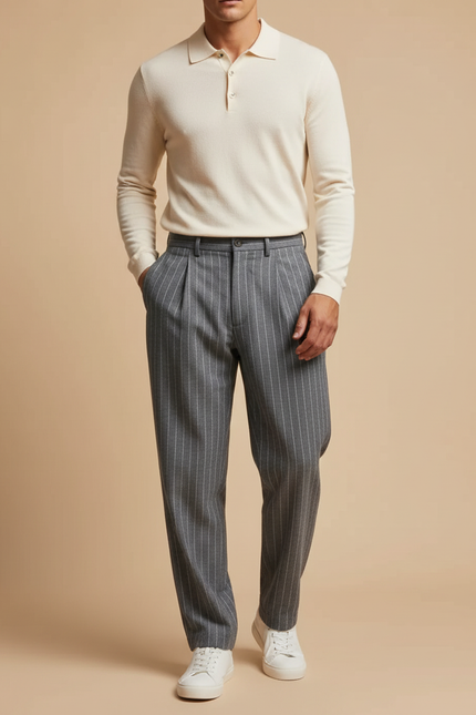 Pantalon À Pince Gris Rayé Plissé Décontracté Homme - Laine