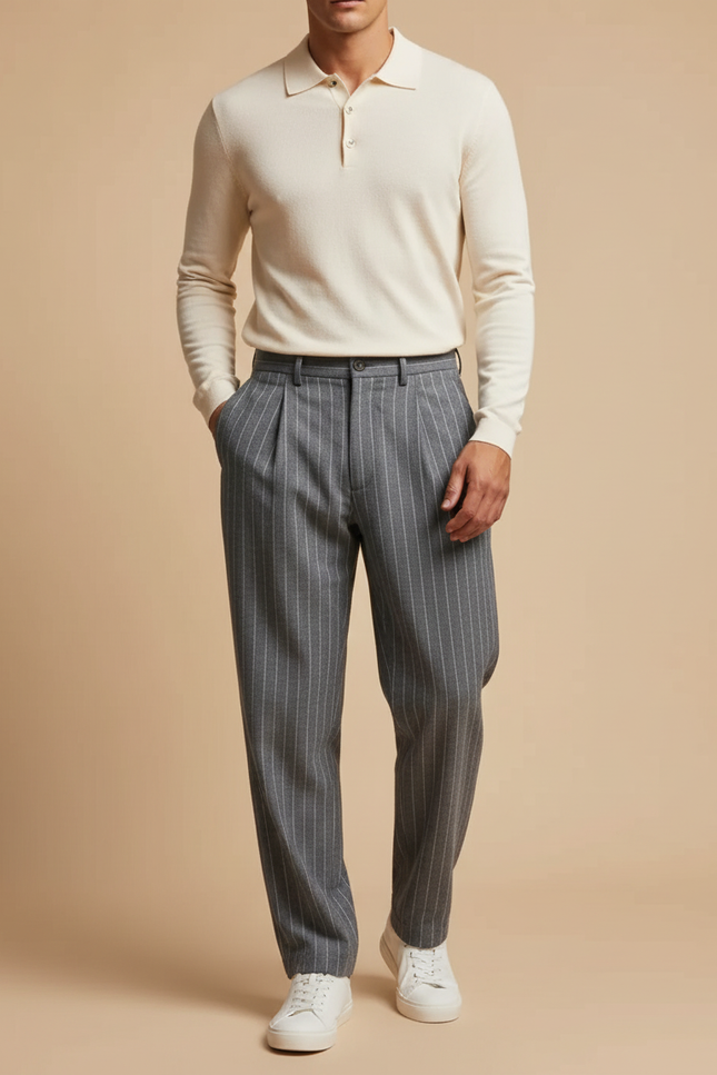 Pantalon À Pince Gris Rayé Plissé Décontracté Homme - Laine