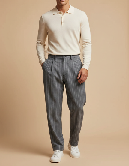 Pantalon À Pince Gris Rayé Plissé Décontracté Homme - Laine