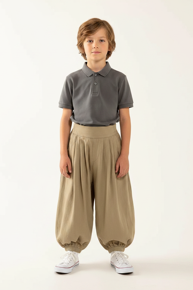 Pantalon À Pince Kaki Plissé Ample Coton Garçon