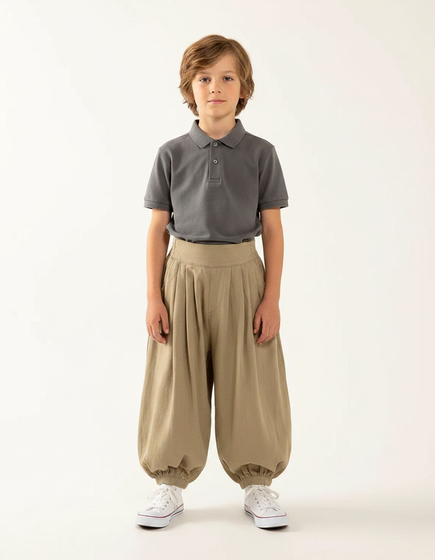 Pantalon À Pince Kaki Plissé Ample Coton Garçon