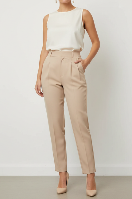Pantalon À Pince Beige Taille Haute Plissé Élégant - Polyester