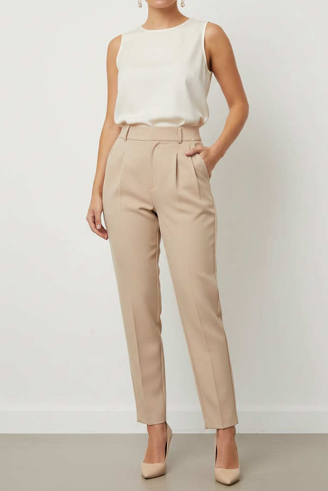 Pantalon À Pince Beige Taille Haute Plissé Élégant - Polyester