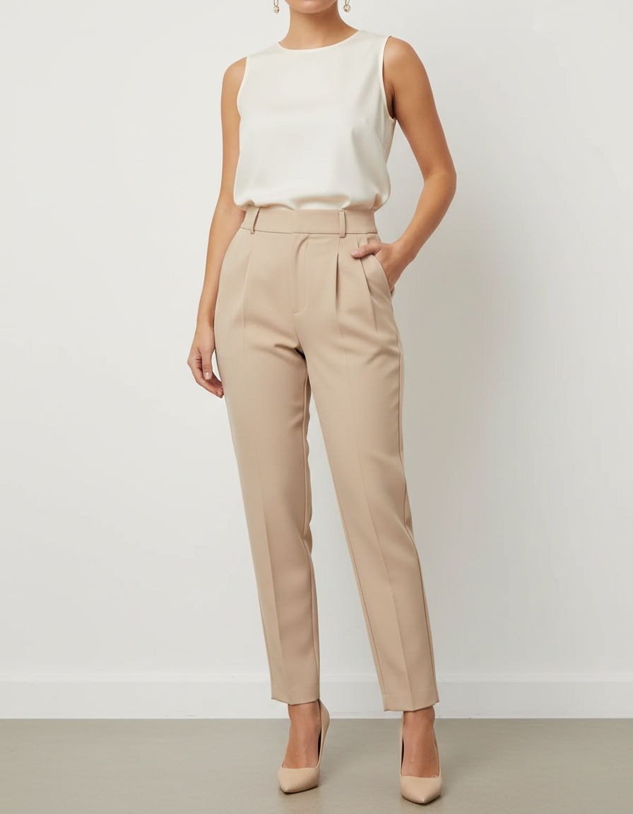Pantalon À Pince Beige Taille Haute Plissé Élégant - Polyester