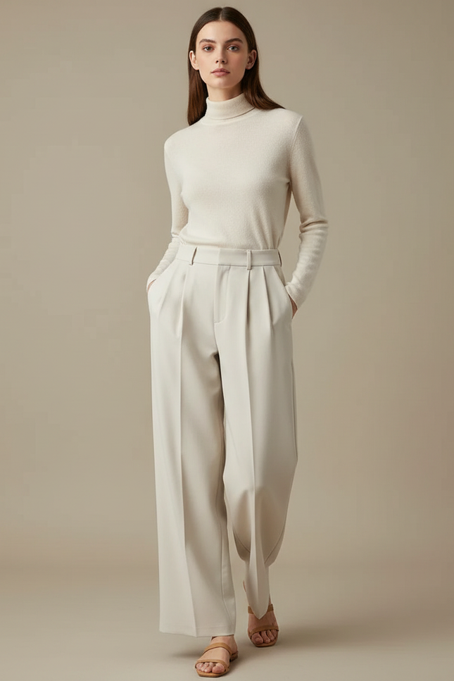 Pantalon À Pince Crème Ample Fluide Élégant Femme - Beige Gabardine