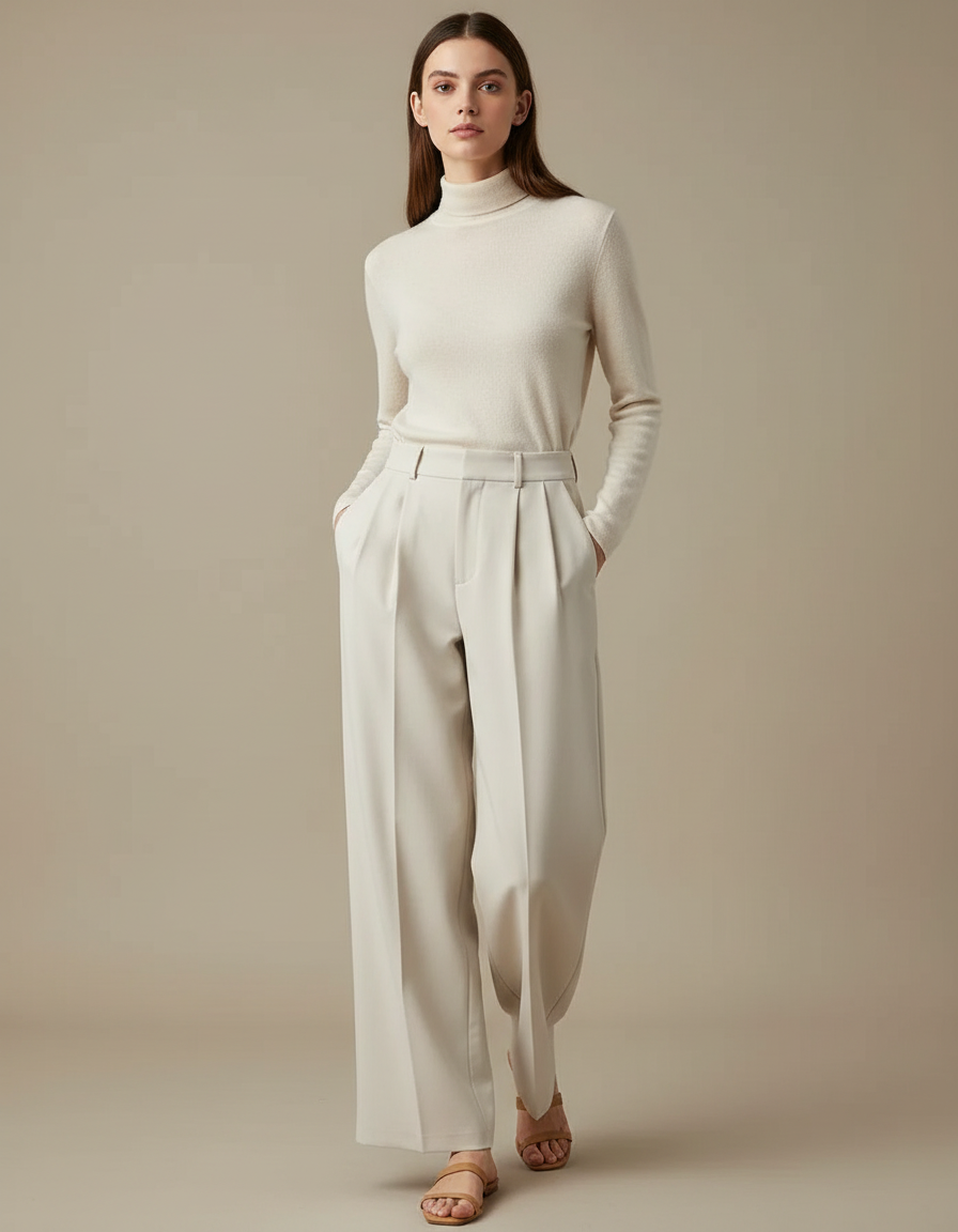 Pantalon À Pince Crème Ample Fluide Élégant Femme - Beige Gabardine