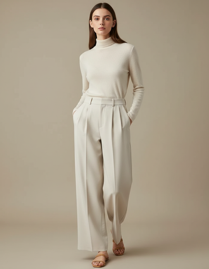 Pantalon À Pince Crème Ample Fluide Élégant Femme - Beige Gabardine