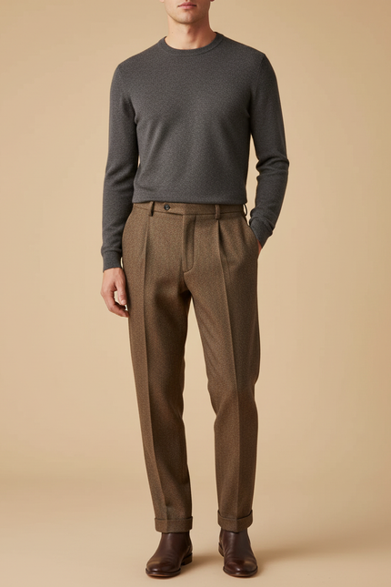 Pantalon À Pince Marron Tweed Plissé Ample Homme