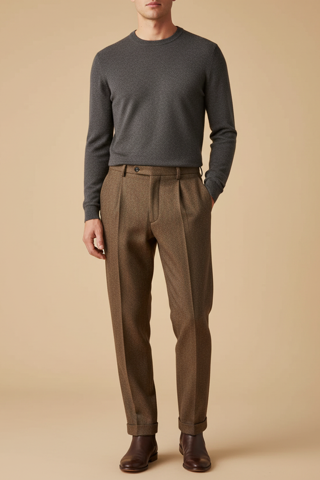 Pantalon À Pince Marron Tweed Plissé Ample Homme
