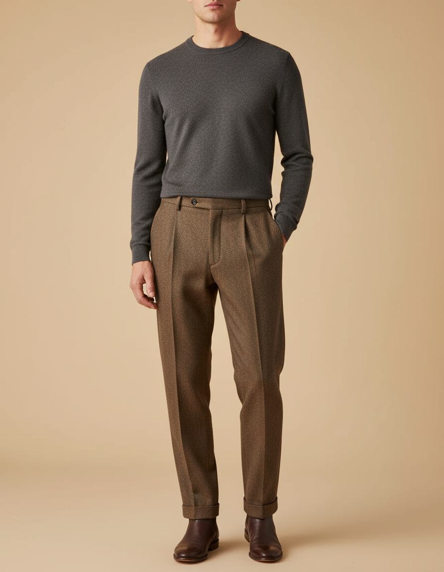 Pantalon À Pince Marron Tweed Plissé Ample Homme