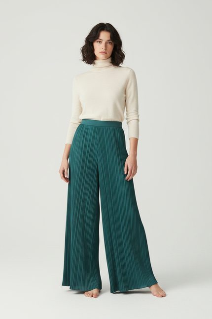 Pantalon À Pince Plissé Ample Vert Émeraude Fluide - Polyester