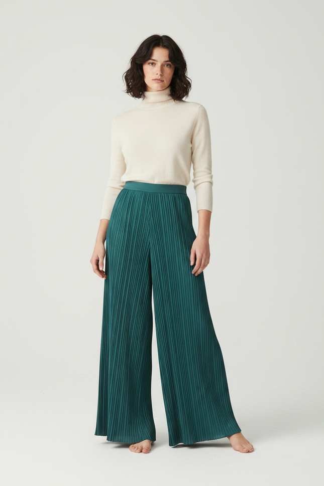 Pantalon À Pince Plissé Ample Vert Émeraude Fluide - Polyester