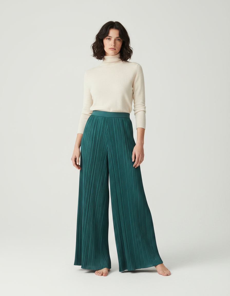 Pantalon À Pince Plissé Ample Vert Émeraude Fluide - Polyester