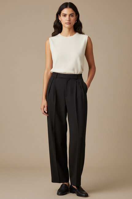 Pantalon À Pince Noir Plissé Taille Haute Ample - Polyester