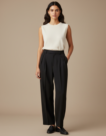 Pantalon À Pince Noir Plissé Taille Haute Ample - Polyester