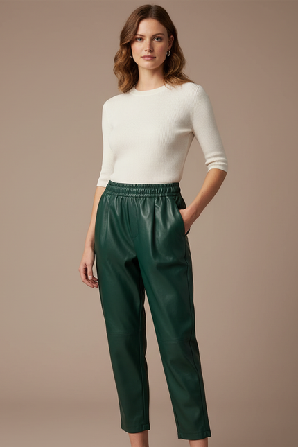 Pantalon À Pince Vert Similicuir Taille Élastique Décontracté - Simili cuir