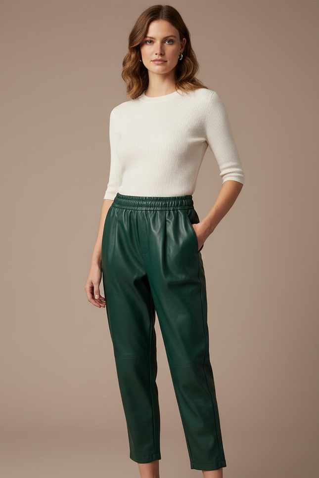 Pantalon À Pince Vert Similicuir Taille Élastique Décontracté - Simili cuir