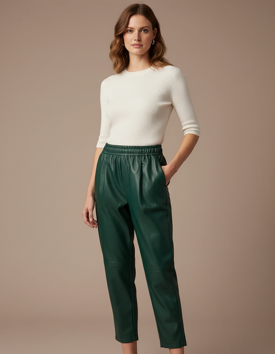 Pantalon À Pince Vert Similicuir Taille Élastique Décontracté - Simili cuir