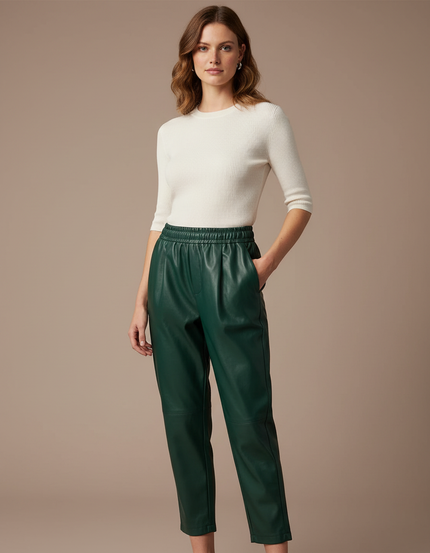 Pantalon À Pince Vert Similicuir Taille Élastique Décontracté - Simili cuir