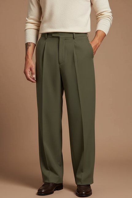 Pantalon À Pince Kaki Plissé Ample Élégant Homme - Polyester