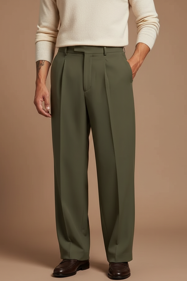 Pantalon À Pince Kaki Plissé Ample Élégant Homme - Polyester